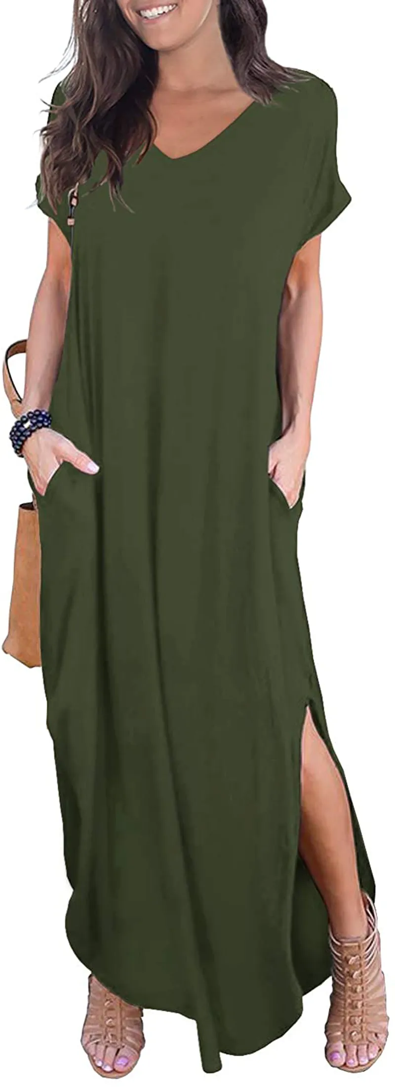 GRECERELLE Women's Casual Loose Pocket Long Dress Short Sleeve Split Maxi Dresses