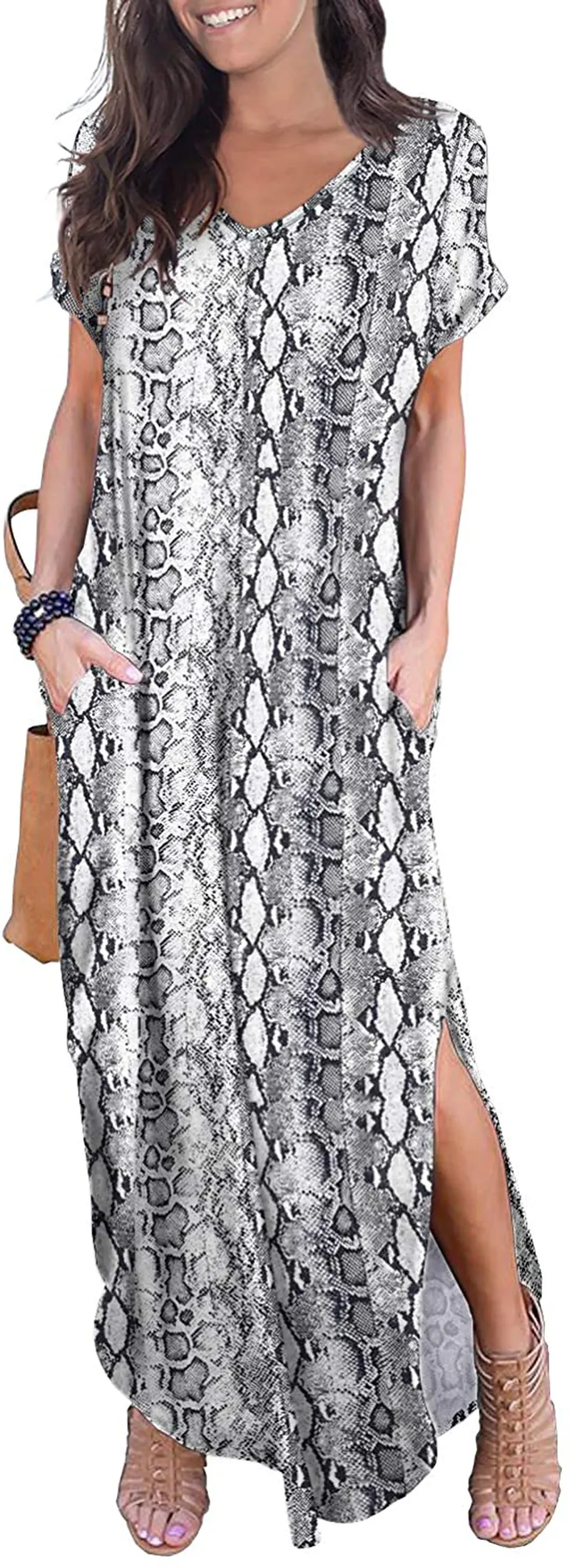 GRECERELLE Women's Casual Loose Pocket Long Dress Short Sleeve Split Maxi Dresses
