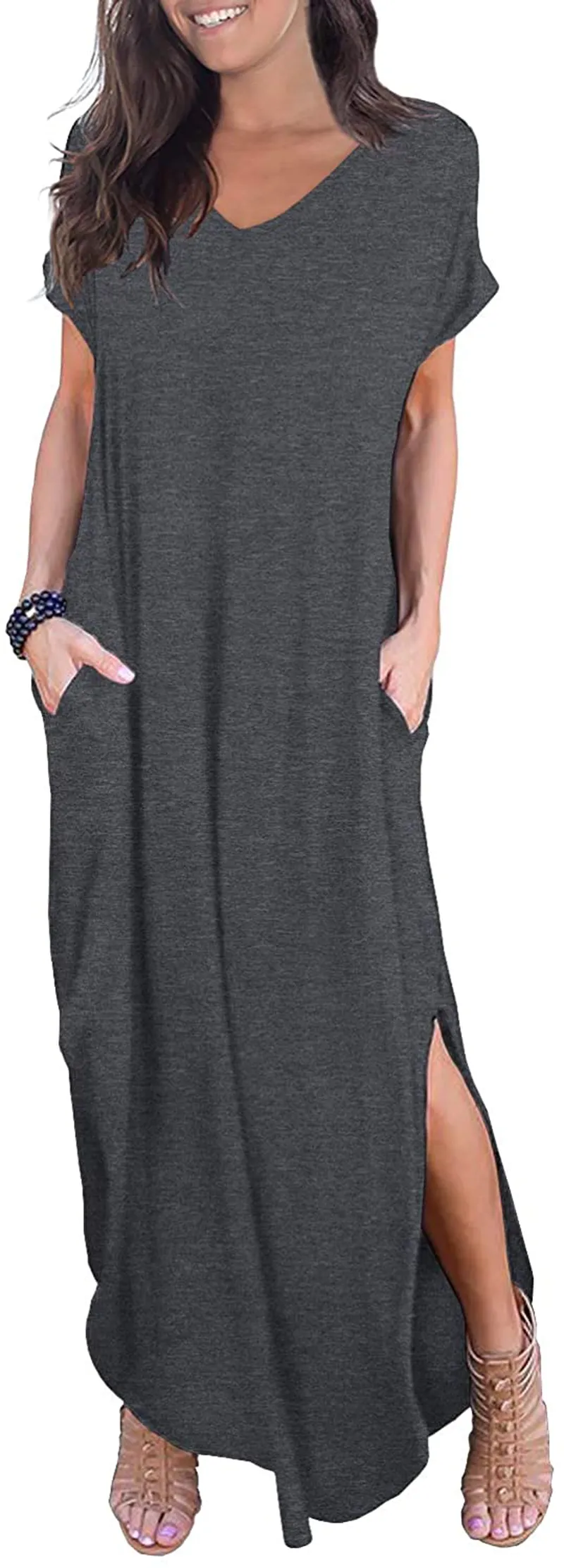 GRECERELLE Women's Casual Loose Pocket Long Dress Short Sleeve Split Maxi Dresses