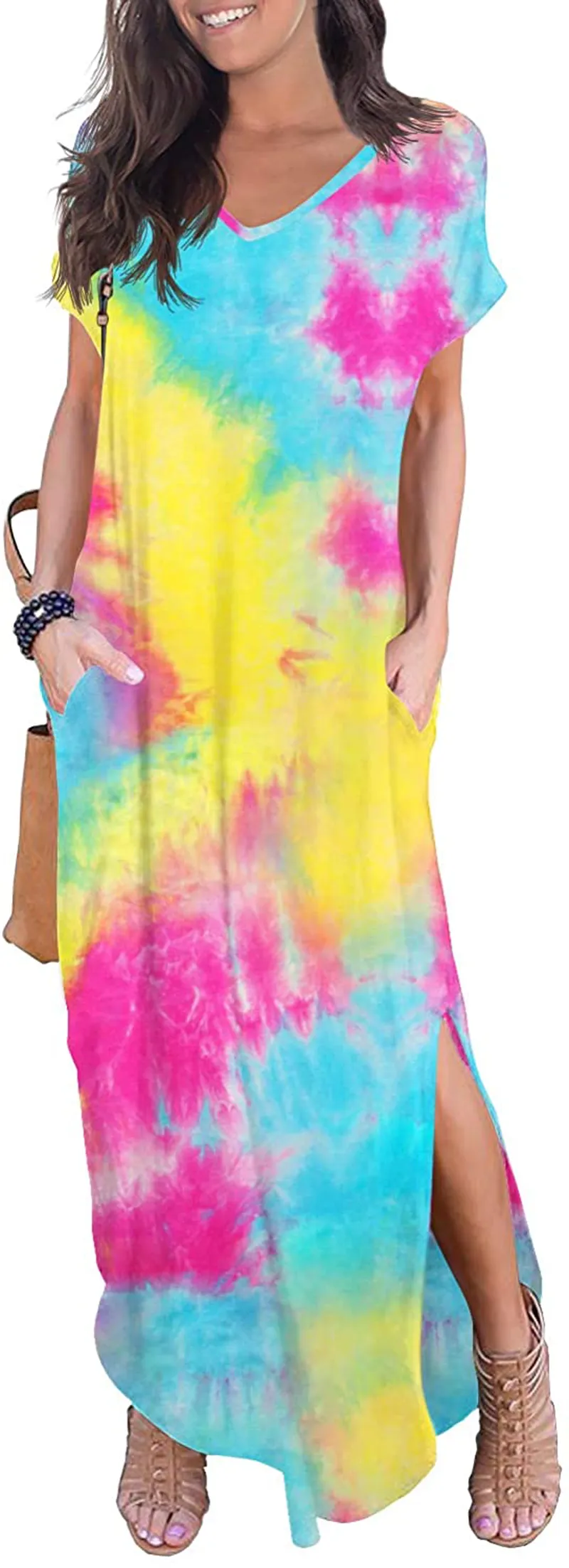 GRECERELLE Women's Casual Loose Pocket Long Dress Short Sleeve Split Maxi Dresses