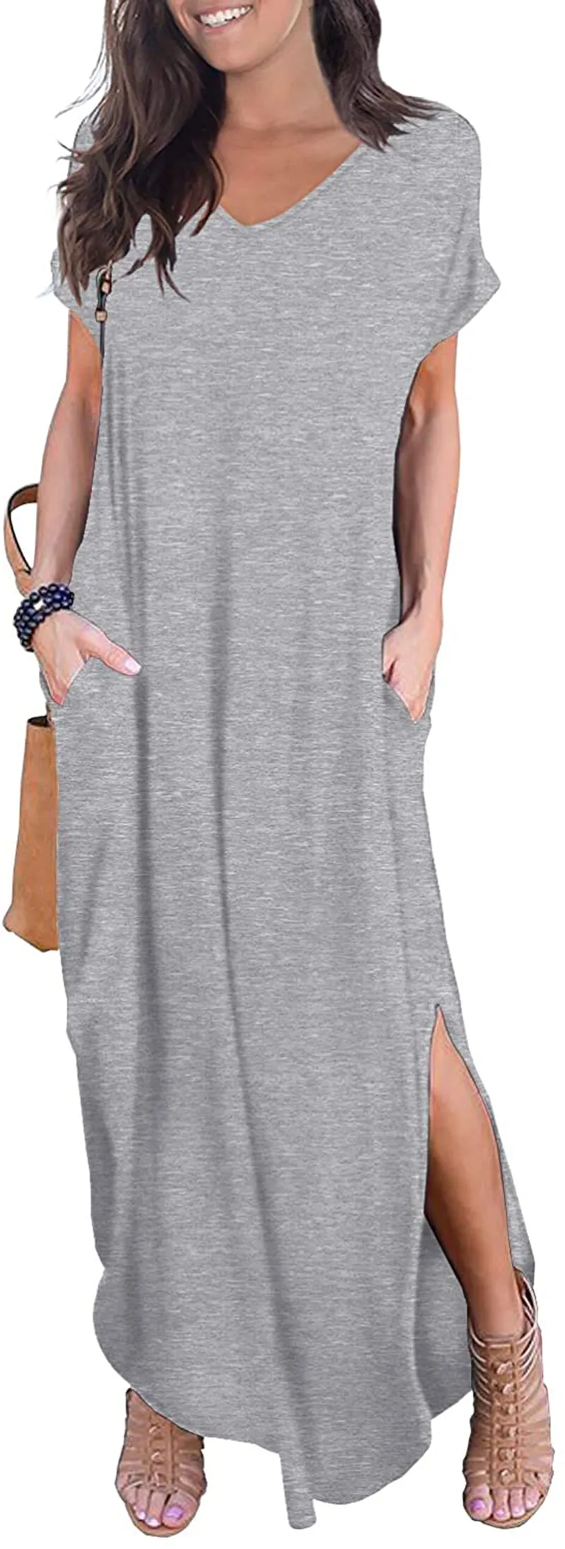 GRECERELLE Women's Casual Loose Pocket Long Dress Short Sleeve Split Maxi Dresses