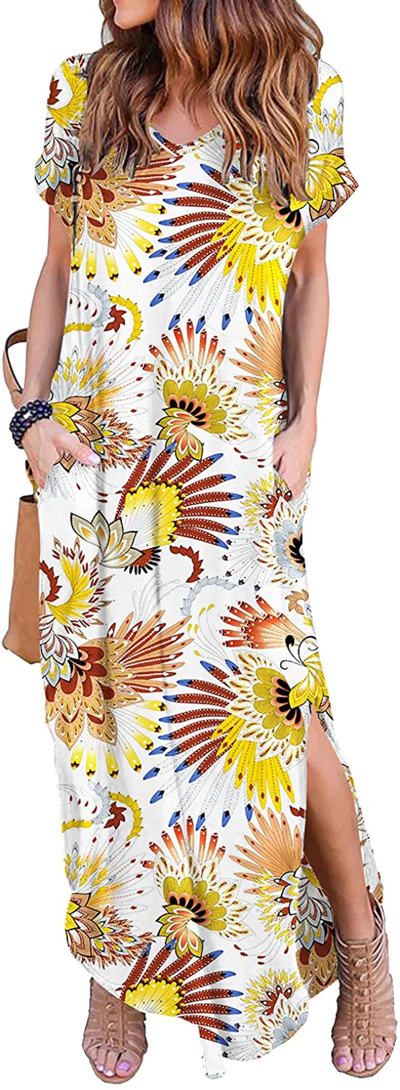 GRECERELLE Women's Casual Loose Pocket Long Dress Short Sleeve Split Maxi Dresses