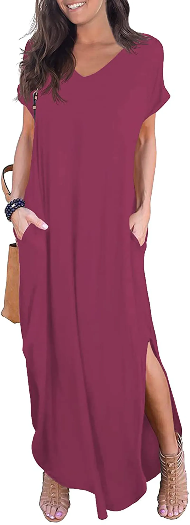 GRECERELLE Women's Casual Loose Pocket Long Dress Short Sleeve Split Maxi Dresses