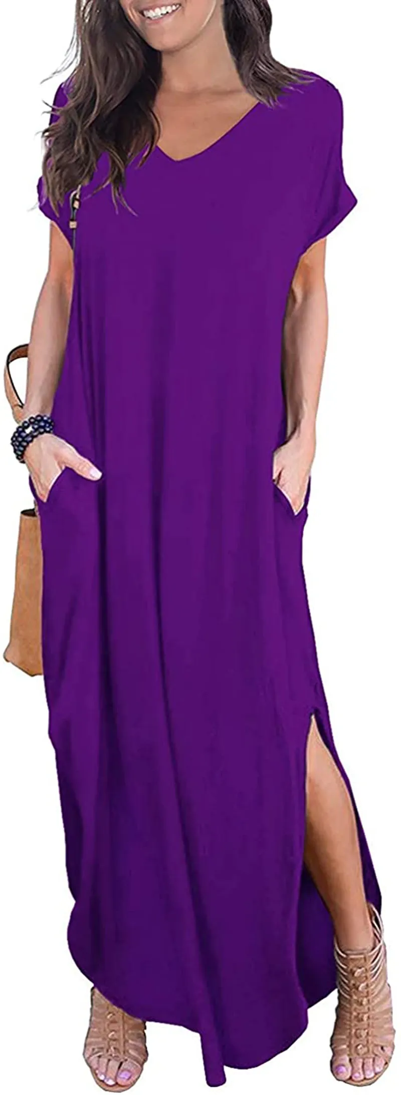 GRECERELLE Women's Casual Loose Pocket Long Dress Short Sleeve Split Maxi Dresses