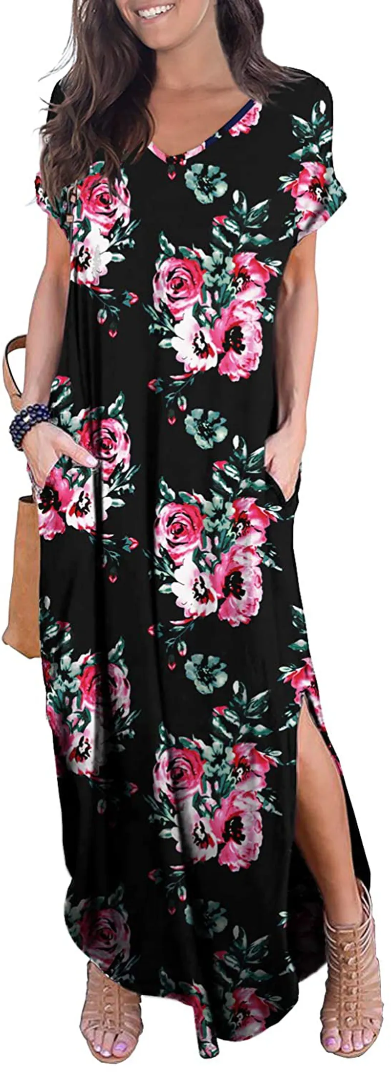 GRECERELLE Women's Casual Loose Pocket Long Dress Short Sleeve Split Maxi Dresses
