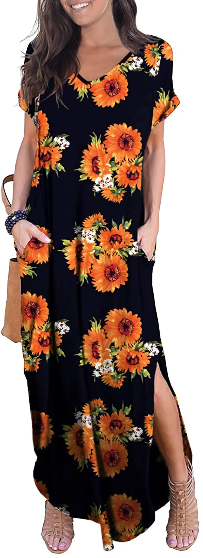 GRECERELLE Women's Casual Loose Pocket Long Dress Short Sleeve Split Maxi Dresses