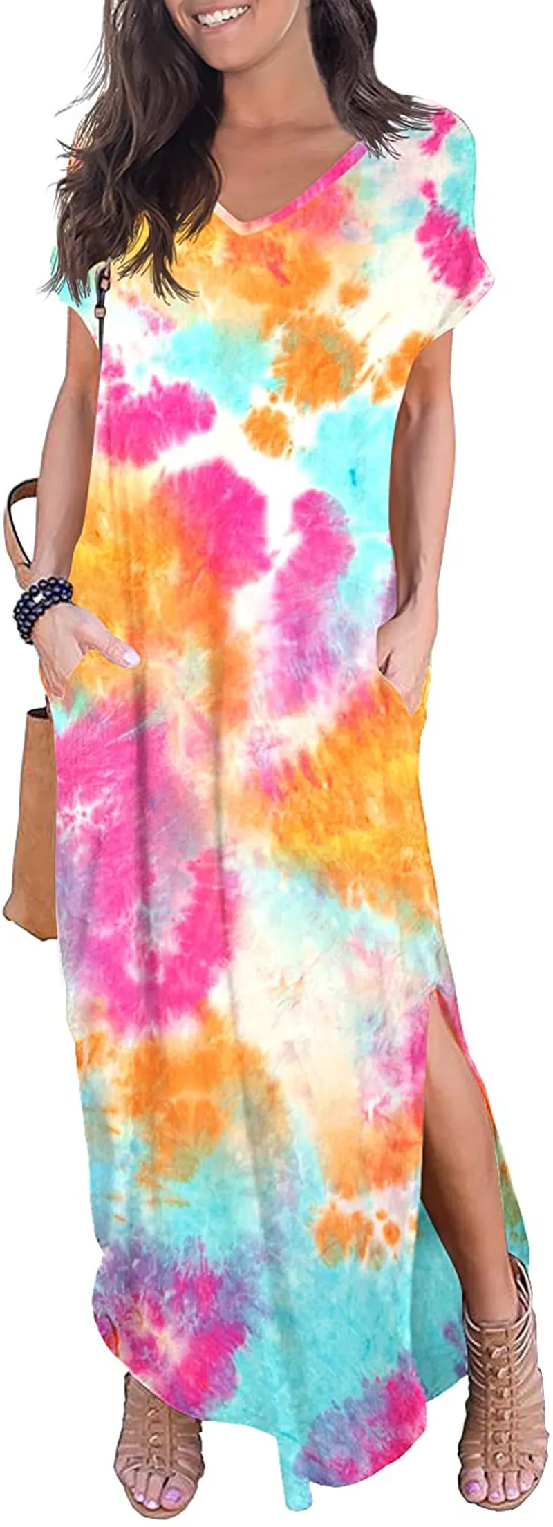 GRECERELLE Women's Casual Loose Pocket Long Dress Short Sleeve Split Maxi Dresses