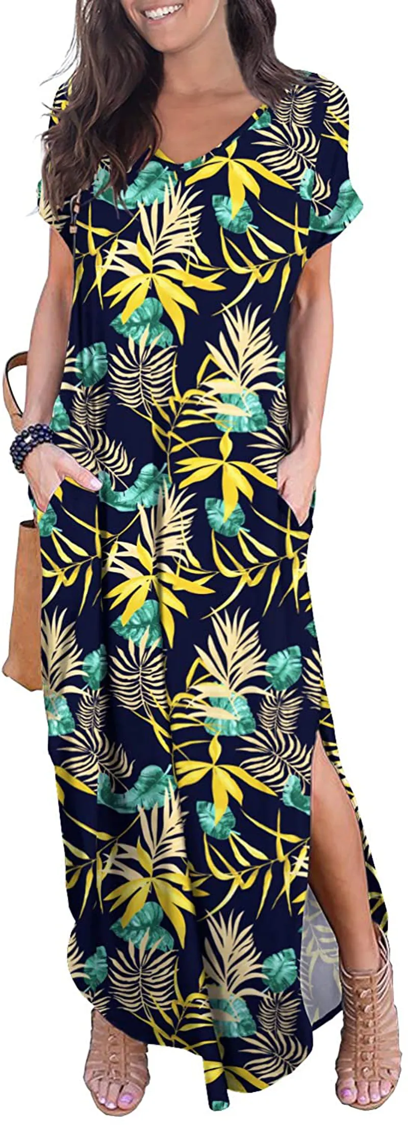 GRECERELLE Women's Casual Loose Pocket Long Dress Short Sleeve Split Maxi Dresses
