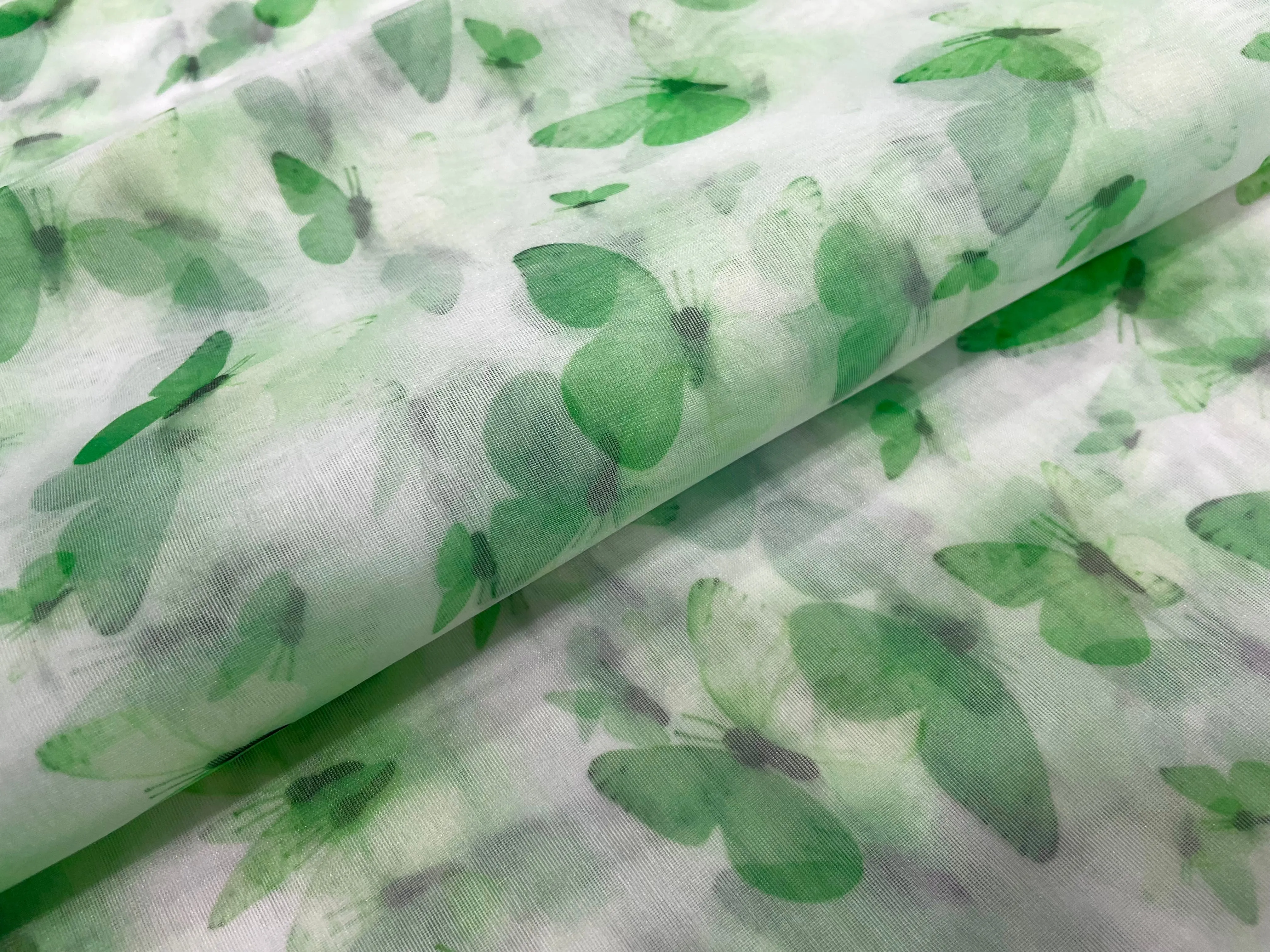 Green Quirky Printed Organza Fabric