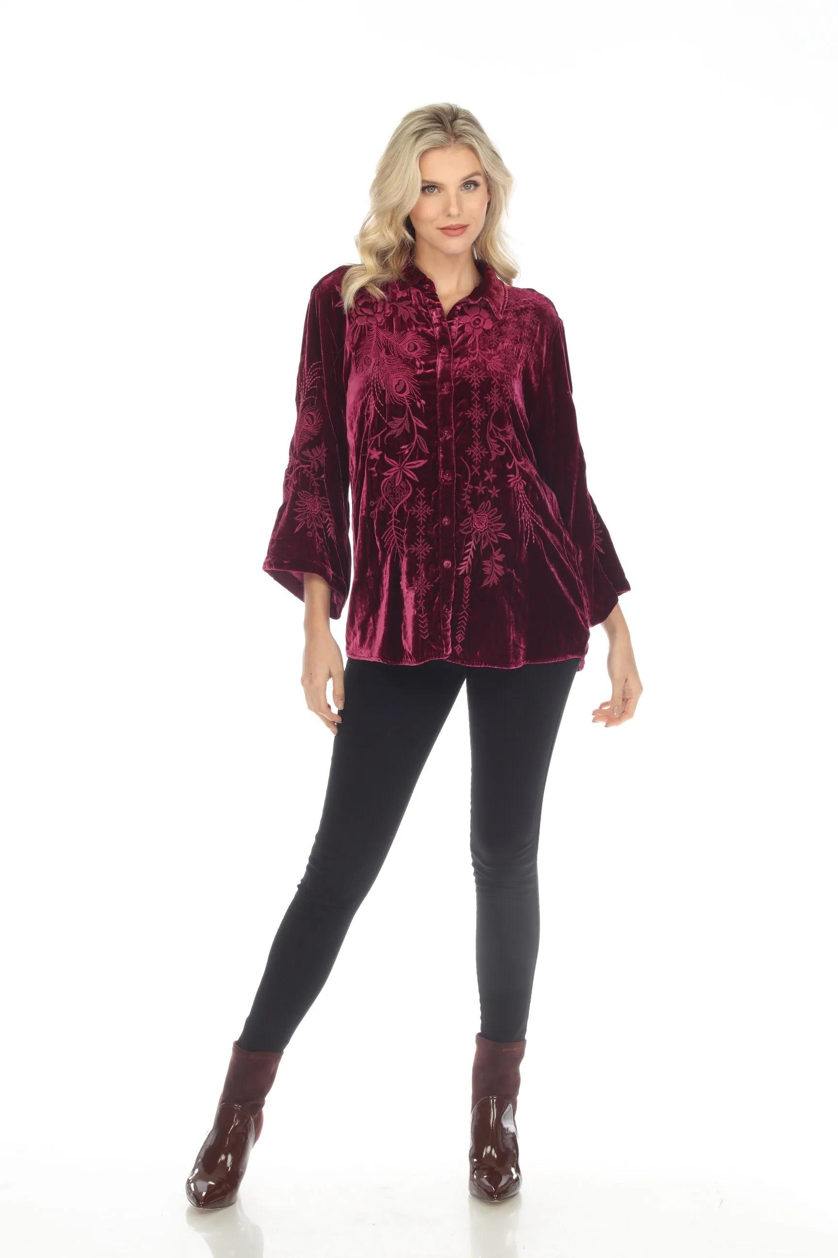 Johnny Was JWLA Azure Velvet Embroidered Kimono Sleeve Shirt Chic J14022