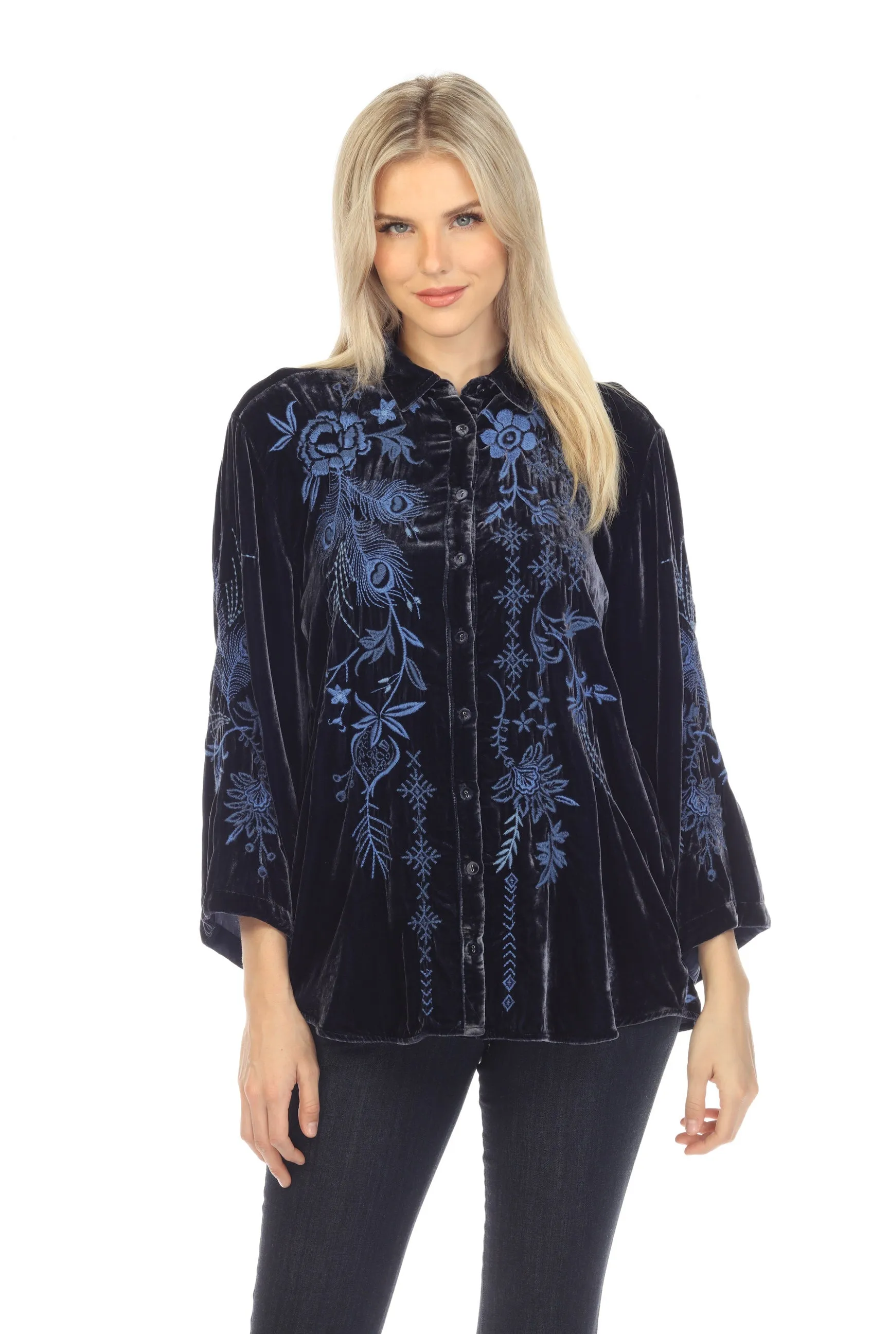 Johnny Was JWLA Azure Velvet Embroidered Kimono Sleeve Shirt Chic J14022
