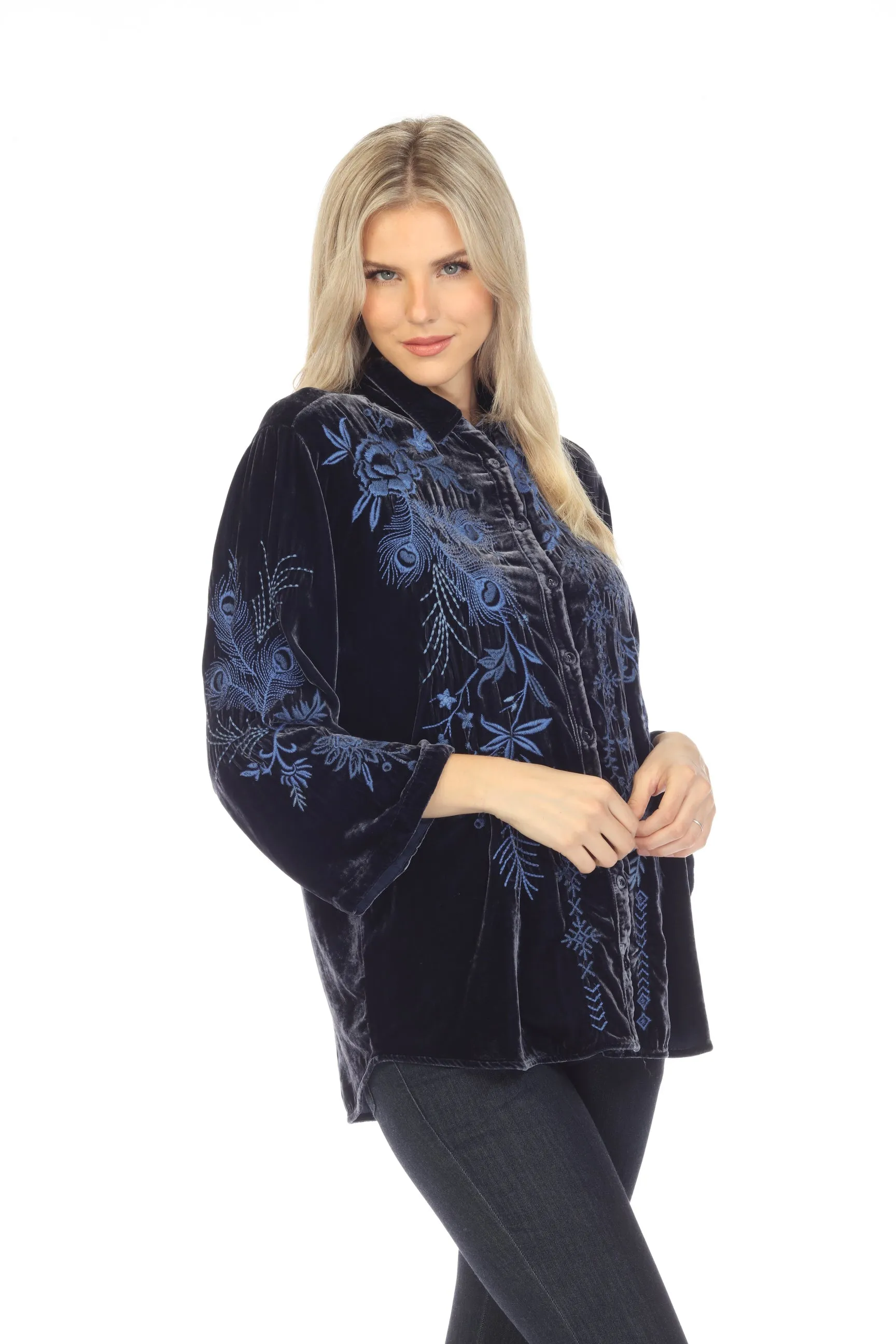 Johnny Was JWLA Azure Velvet Embroidered Kimono Sleeve Shirt Chic J14022