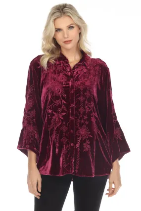 Johnny Was JWLA Azure Velvet Embroidered Kimono Sleeve Shirt Chic J14022