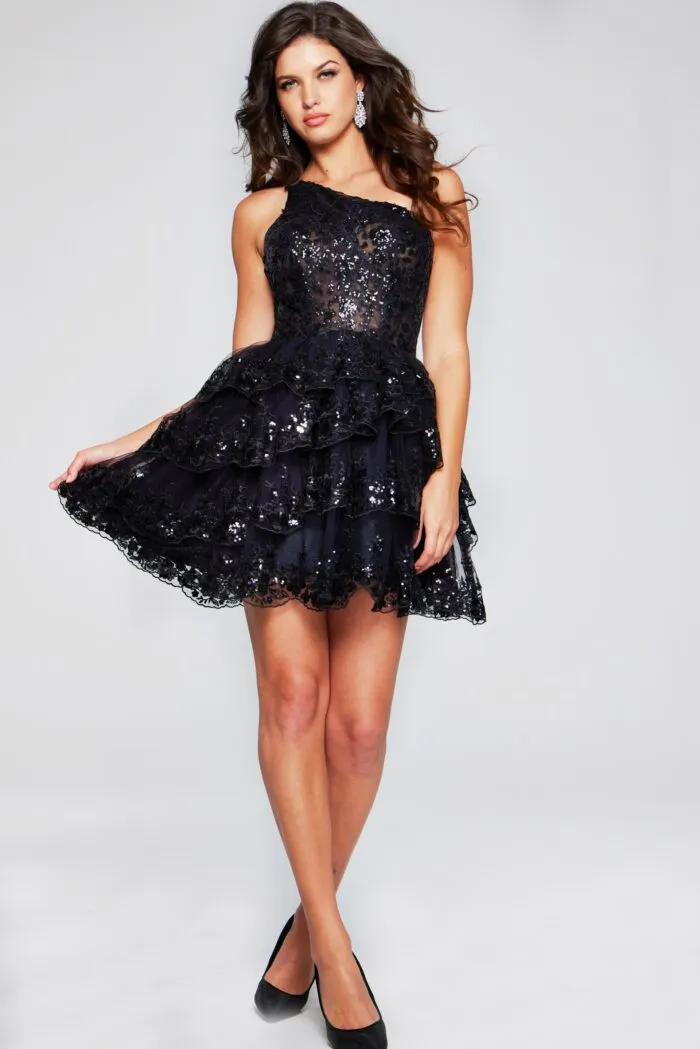 Jovani 42016 Short Sheer Sequin Homecoming Dress Lace One Shoulder Ruffle A Line