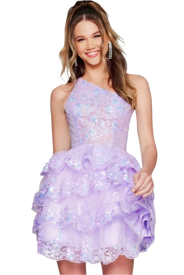 Jovani 42016 Short Sheer Sequin Homecoming Dress Lace One Shoulder Ruffle A Line