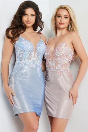 Jovani JVN23299 Spaghetti Strap V-Neckline Floral Sheer Bodice Iridescent Short Cocktail Homecoming Dress