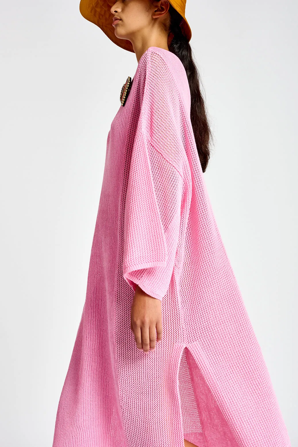 Light pink loose-fit knit kaftan dress