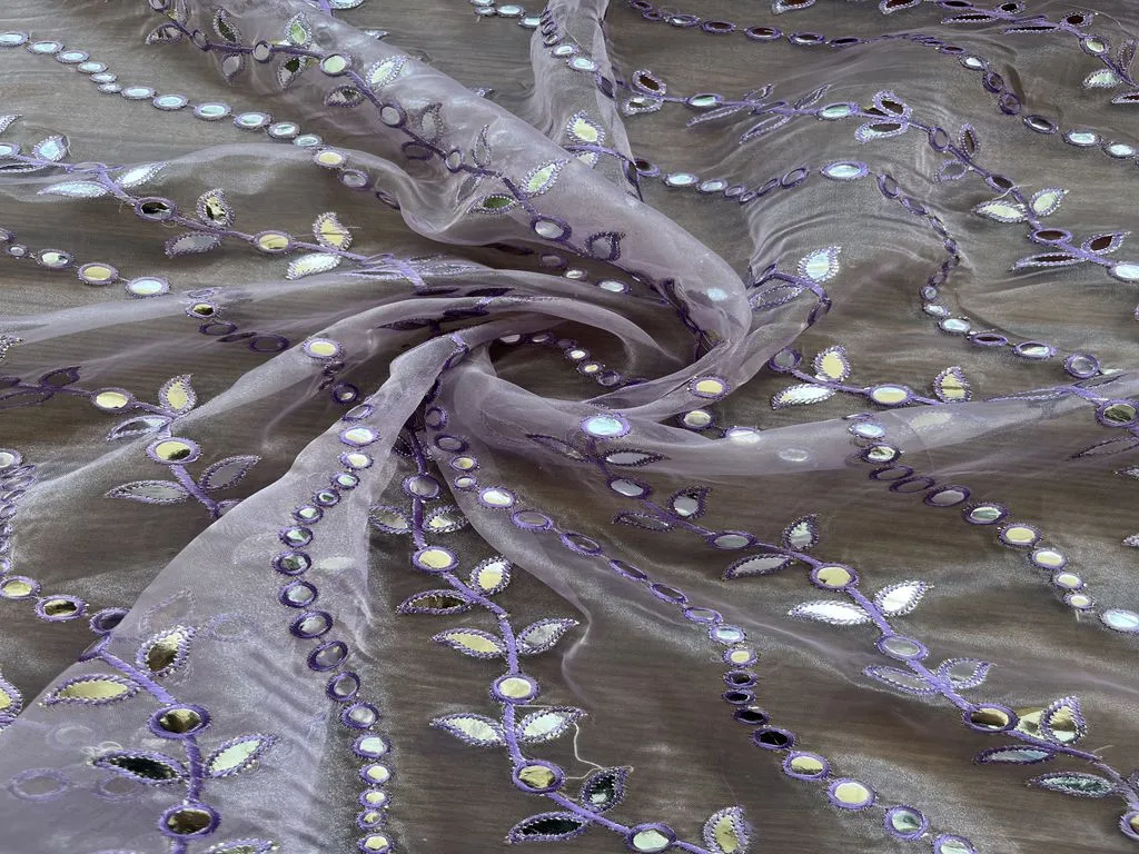 Lilac Floral Embroidered Faux Silver Gota Patti Organza Fabric (wholesale)