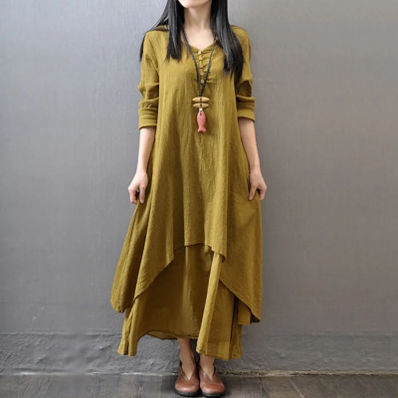 Loose-fitting, floaty Linen Boho dress with long sleeves - lots of colour choices