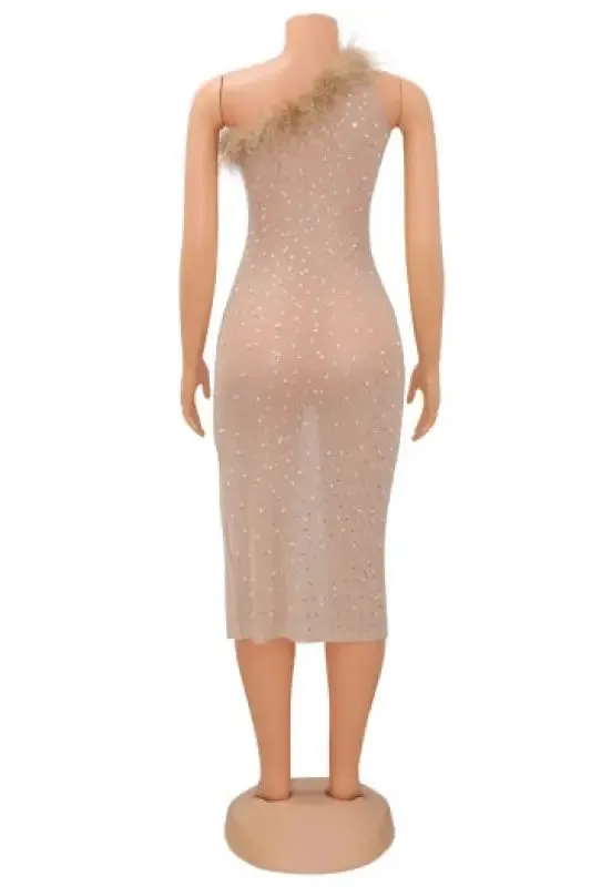 Luxe Dreams Rhinestone and Pearl Decor Feather Stitching Mesh Midi Dress (S-2XL)