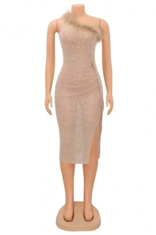 Luxe Dreams Rhinestone and Pearl Decor Feather Stitching Mesh Midi Dress (S-2XL)
