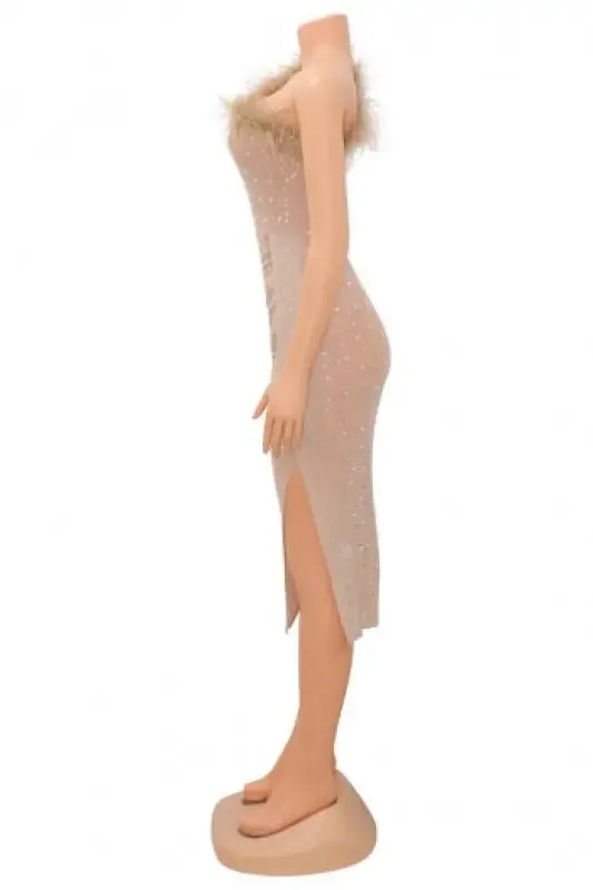 Luxe Dreams Rhinestone and Pearl Decor Feather Stitching Mesh Midi Dress (S-2XL)