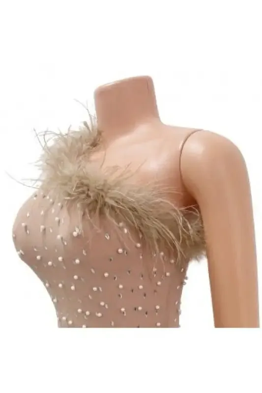Luxe Dreams Rhinestone and Pearl Decor Feather Stitching Mesh Midi Dress (S-2XL)