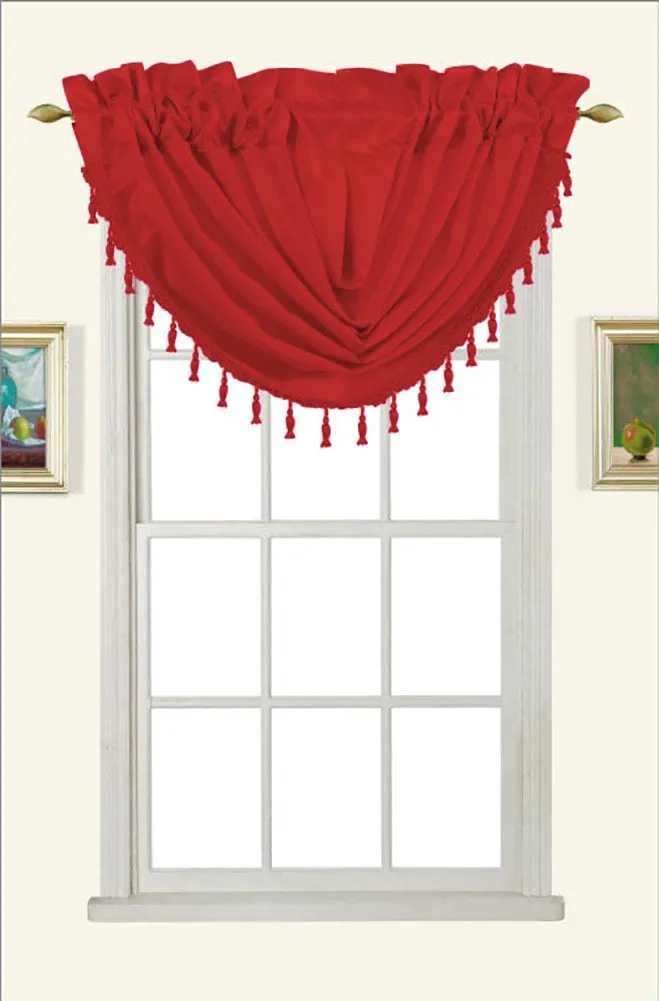 Melanie Faux Silk Rod Pocket Waterfall Valance With Tassels, Claret, 58x37