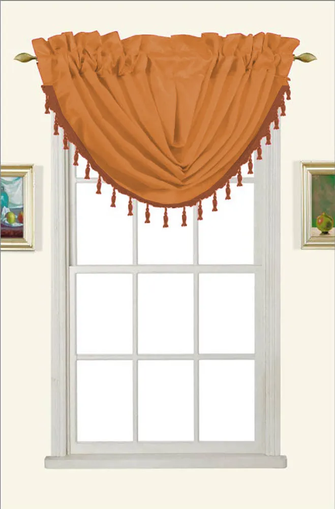 Melanie Faux Silk Rod Pocket Waterfall Valance With Tassels, Coffee, 58x37