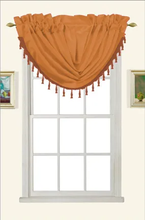 Melanie Faux Silk Rod Pocket Waterfall Valance With Tassels, Coffee, 58x37