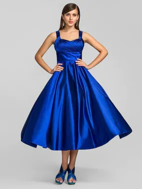 Minimalist Dress Wedding Guest Tea Length Sleeveless Square Neck Stretch Satin with Criss Cross