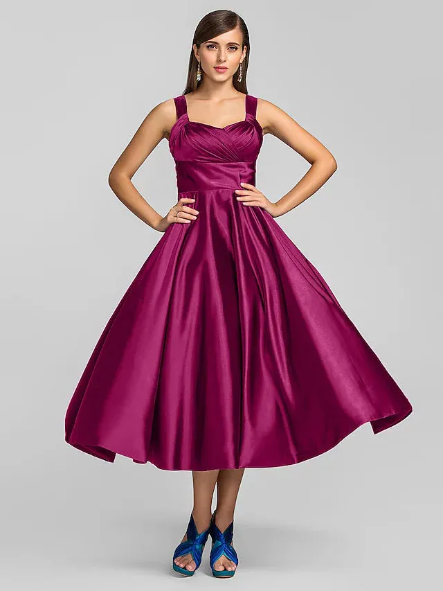 Minimalist Dress Wedding Guest Tea Length Sleeveless Square Neck Stretch Satin with Criss Cross