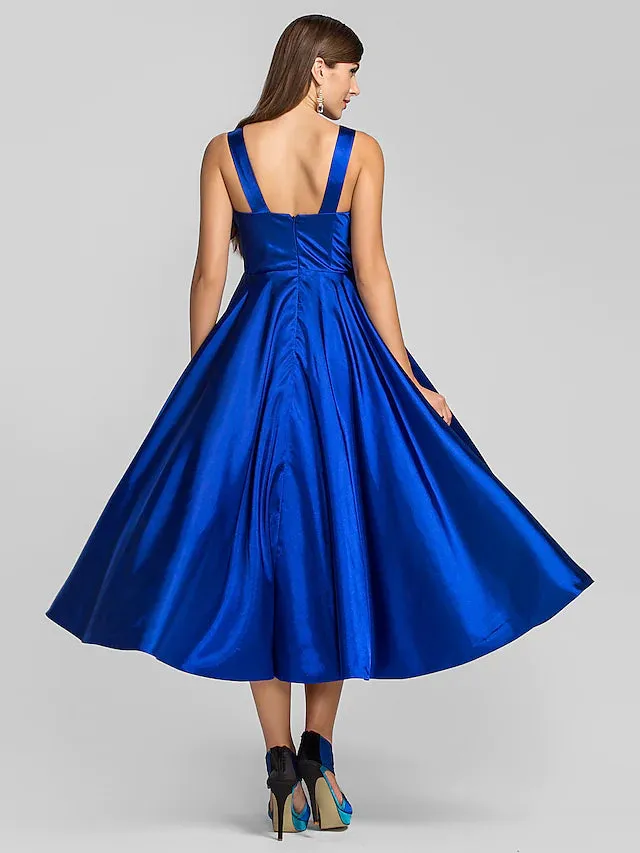 Minimalist Dress Wedding Guest Tea Length Sleeveless Square Neck Stretch Satin with Criss Cross