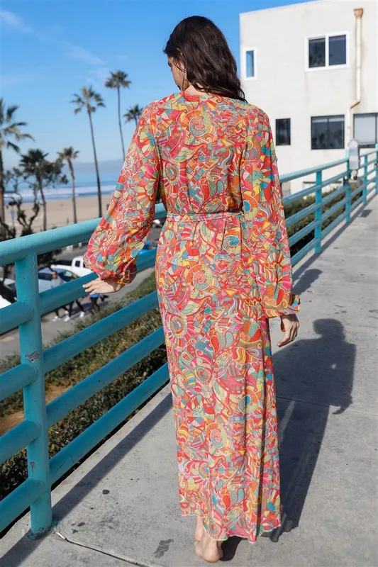 Multicolor Paisley Long Sleeve Kimono Cover Up