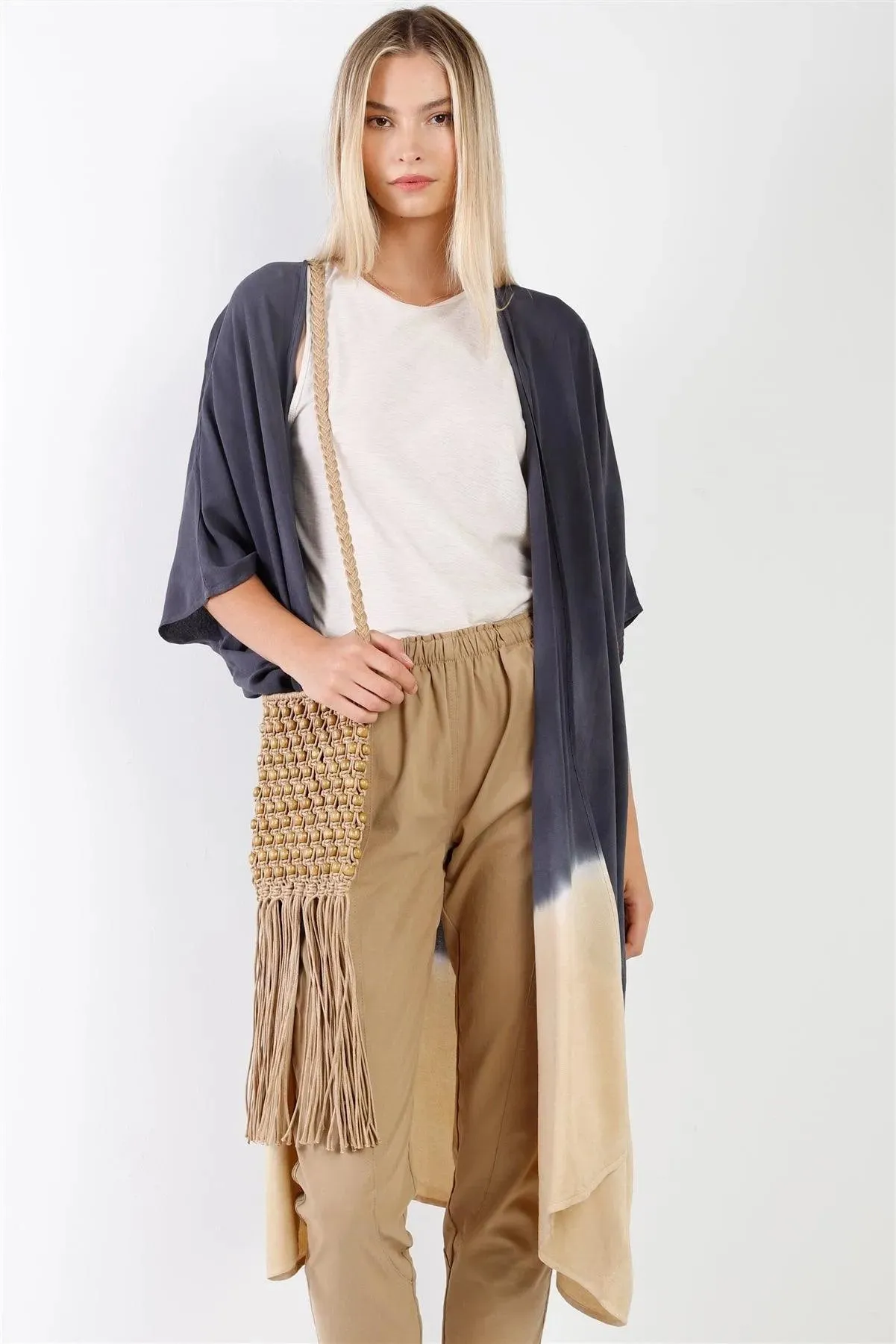 Navy & Cream Tie-Dye Gradient Open Front Oversized Midi Kimono/Cover Up