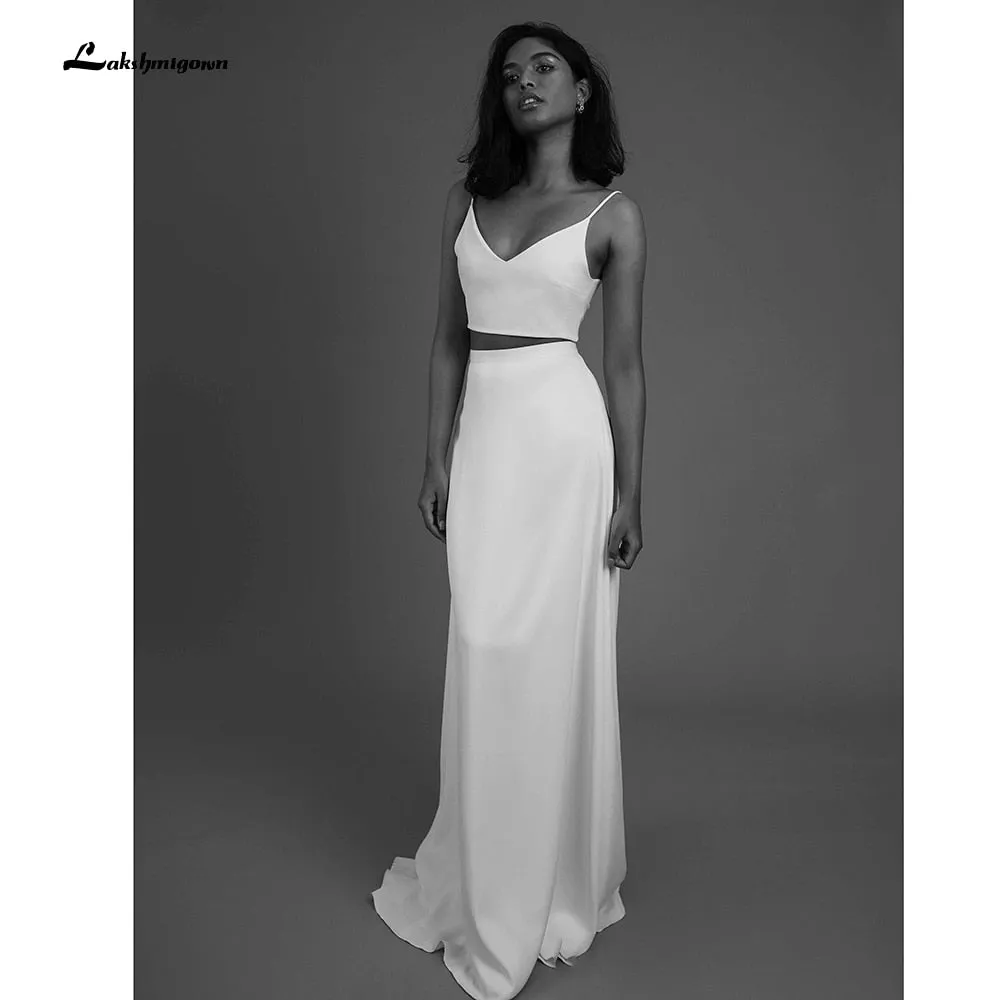 NumberSea 2022 Simple Two Piece Wedding Dresses Beach Bridal Dresses Floor Length Satin Outfit Reception Gowns Spaghetti Straps