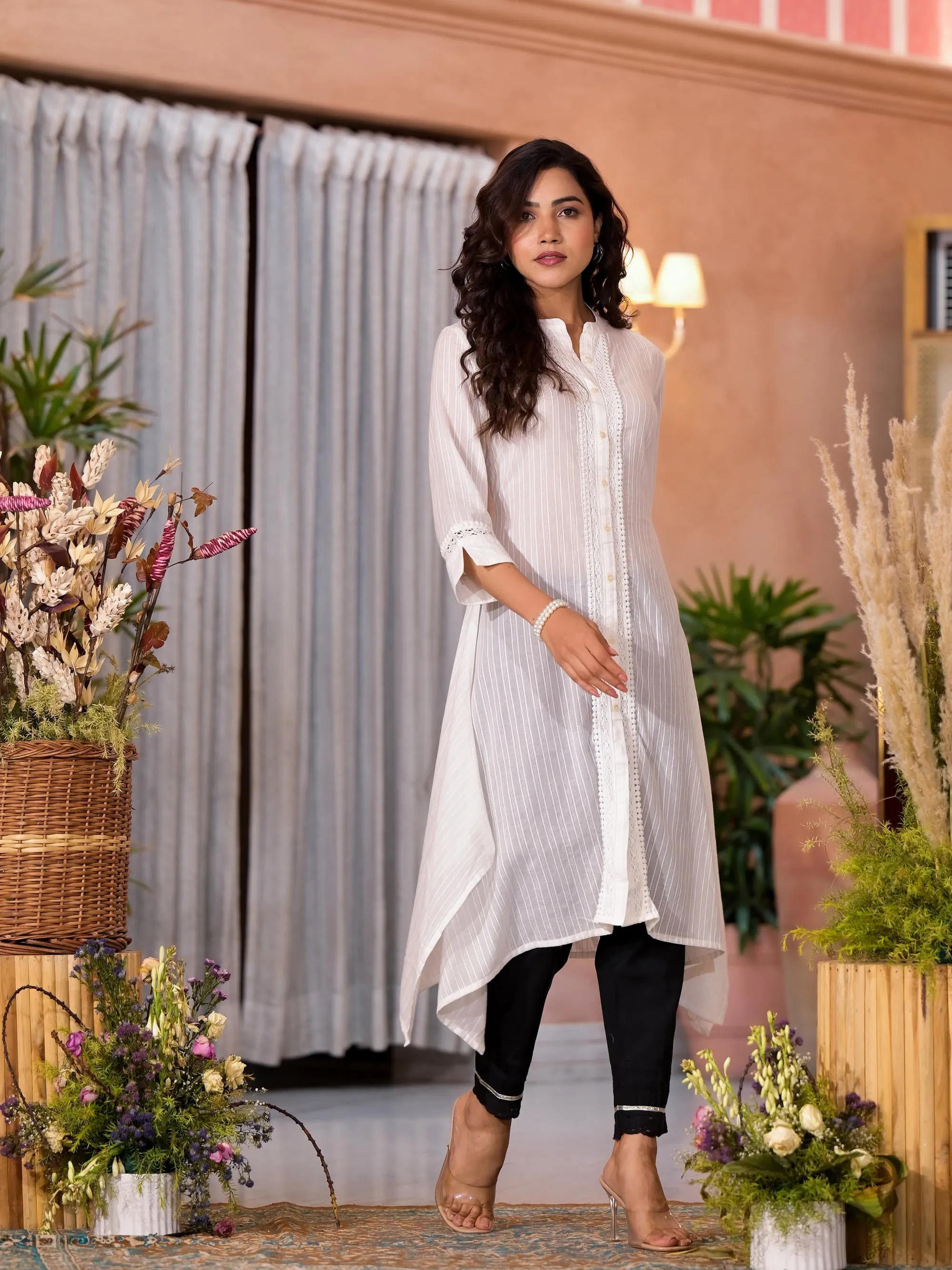 Off White Thread Embroidered Cotton Asymmetrical Kurta With Button Closure