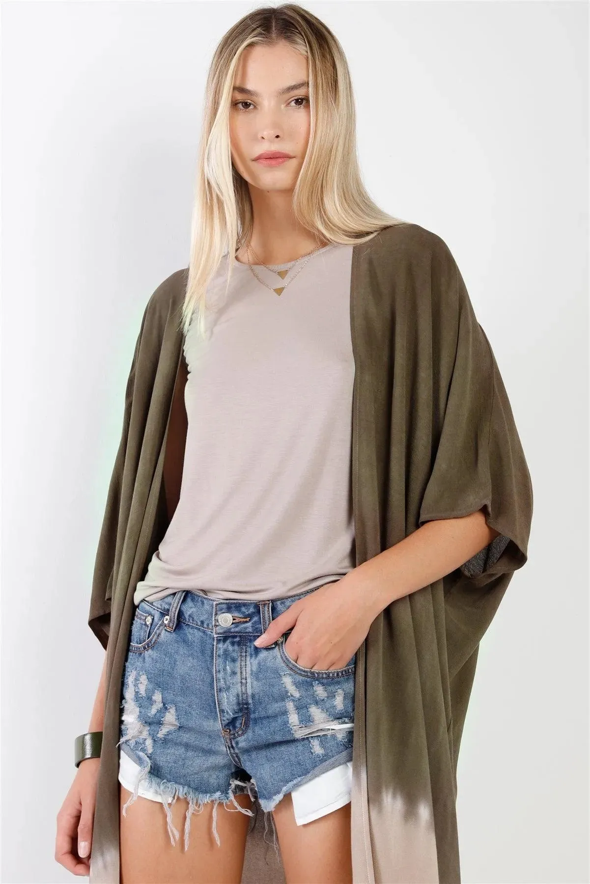 Olive & Taupe Tie-Dye Gradient Open Front Oversized Midi Kimono/Cover Up /1-1-2