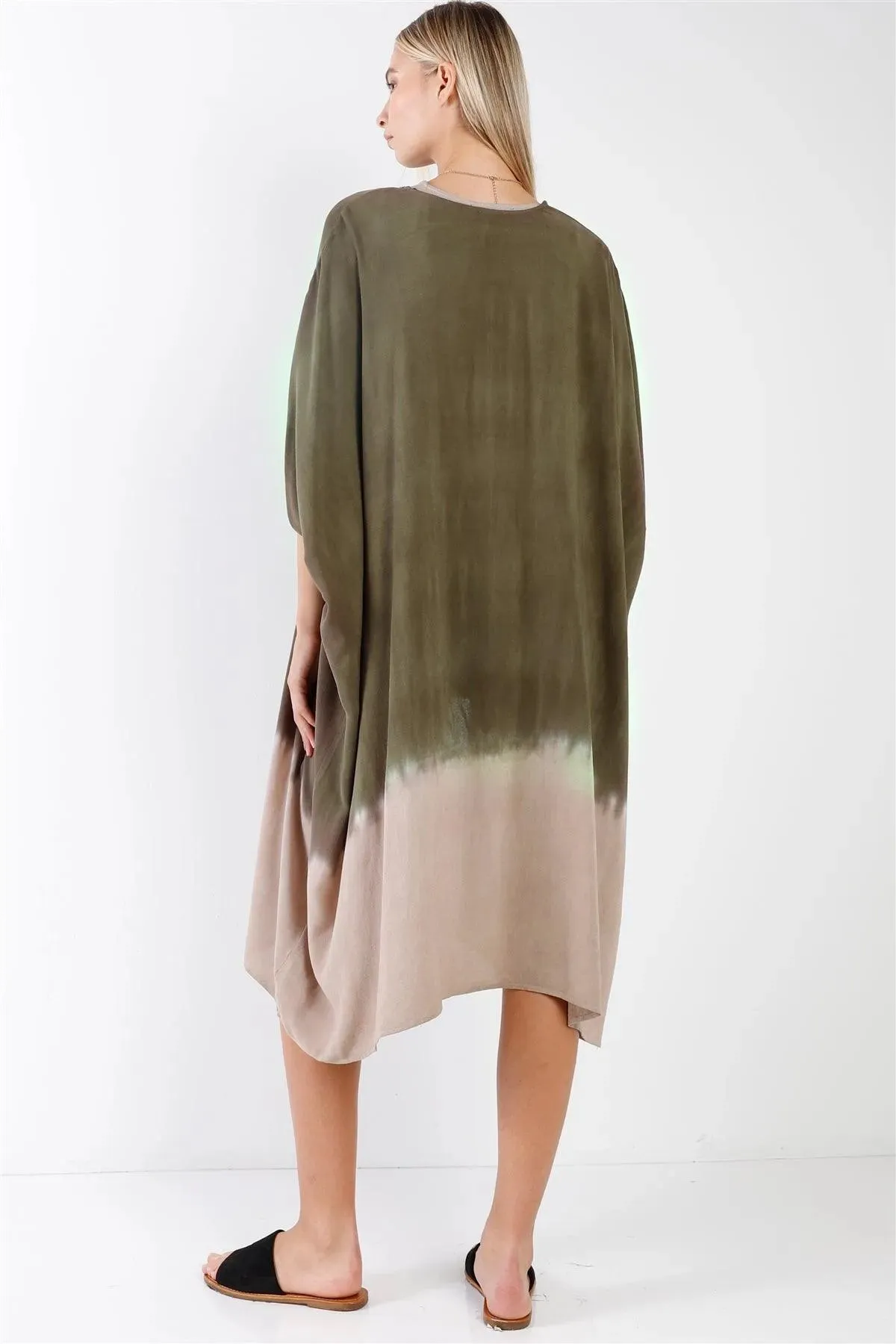 Olive & Taupe Tie-Dye Gradient Open Front Oversized Midi Kimono/Cover Up /1-1-2