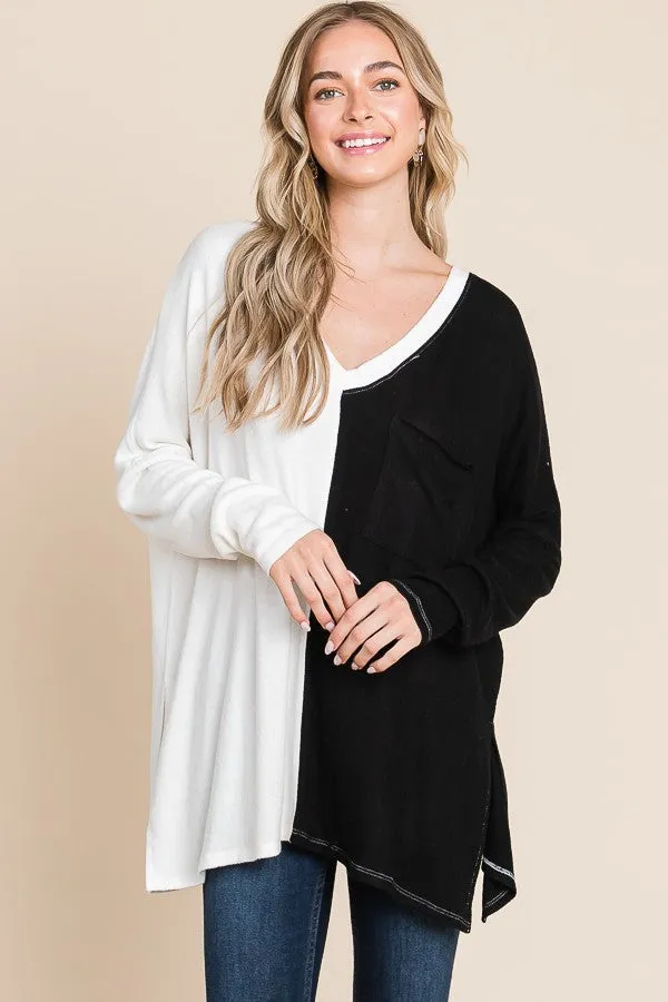 Oversized Color Block V-Neck