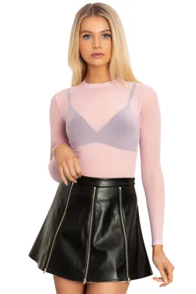 Pastel Pink Sheer High Neck Long Sleeve Top