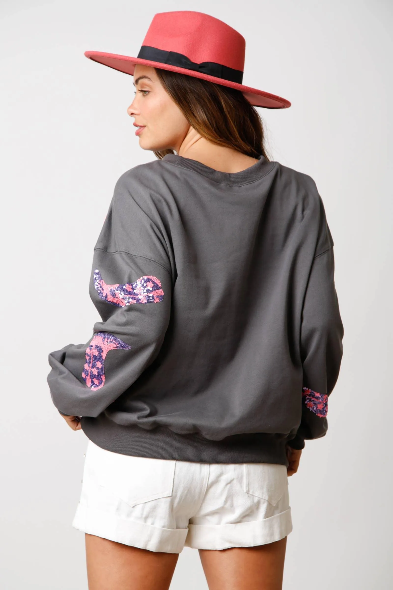 Pink Boots Loose Fit Pullover in Charcoal