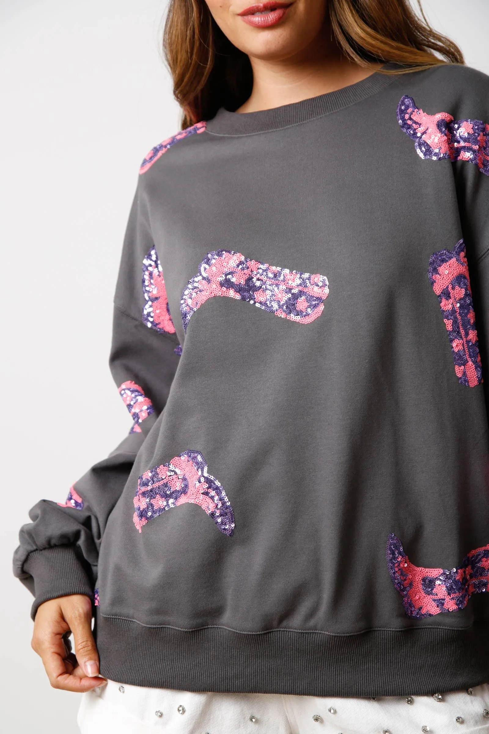 Pink Boots Loose Fit Pullover in Charcoal