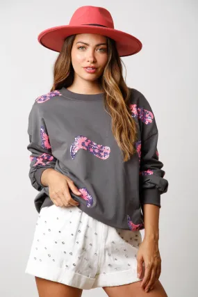 Pink Boots Loose Fit Pullover in Charcoal