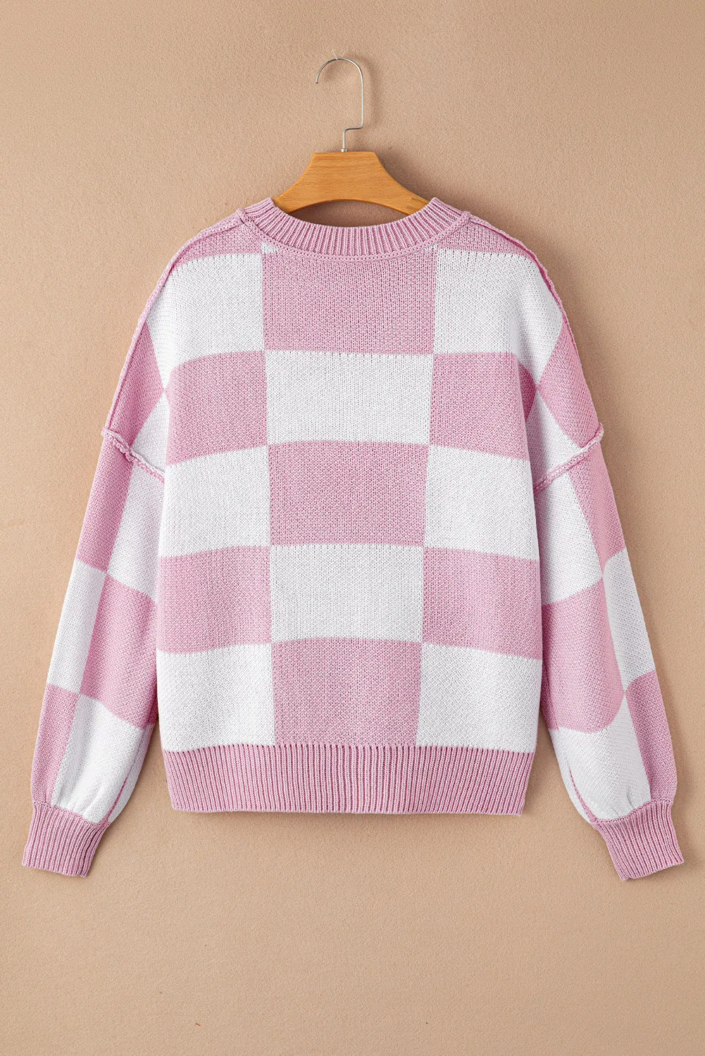 Pink Checkered Trendy Sleeve Sweater