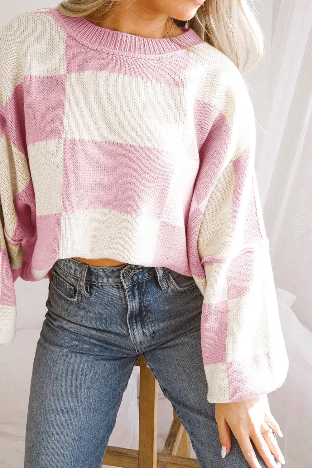 Pink Checkered Trendy Sleeve Sweater