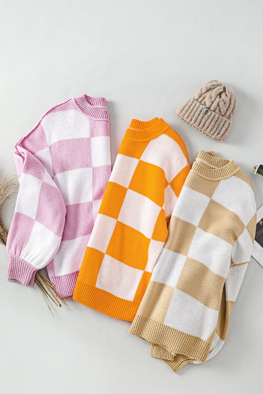 Pink Checkered Trendy Sleeve Sweater