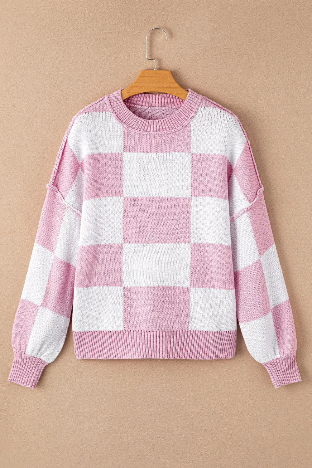 Pink Checkered Trendy Sleeve Sweater