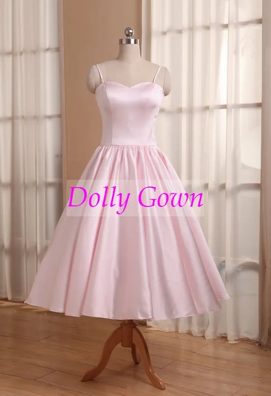 Pink Short Vintage 50s style Bridesmaid Dresses with Spaghetti Straps