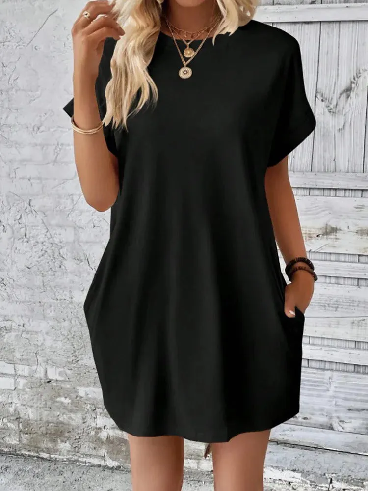 Pure Color Minimalist T-Shirt Short Dress Women Summer Round Neck Pocket Loose Dresses Robe